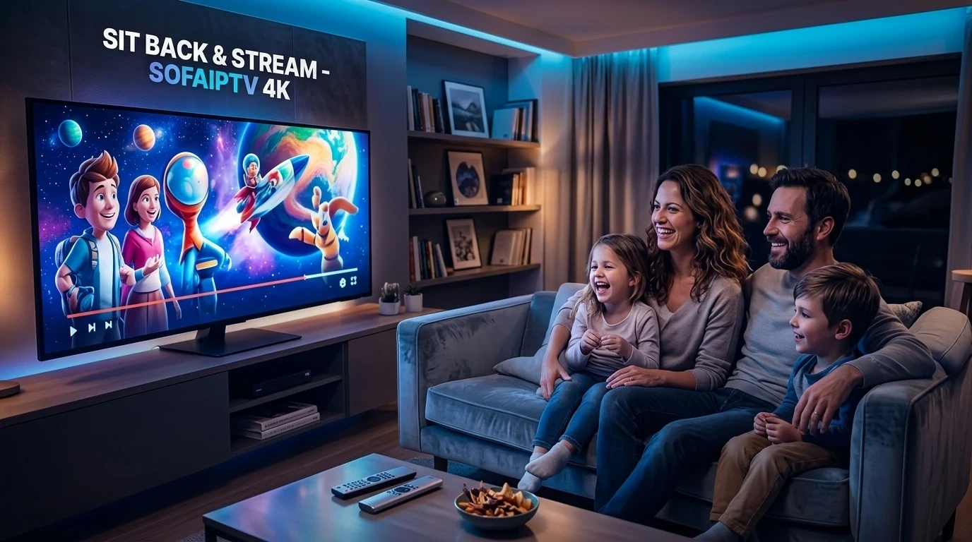 SofaIPTV - #1 Living Room 4K IPTV Streaming Service Family enjoying buffer-free 4K television on SofaIPTV